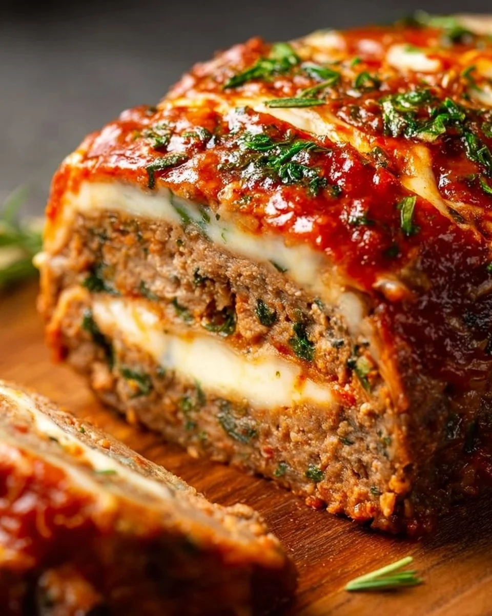 Delicious stuffed Italian meatloaf served with fresh herbs and tomato sauce