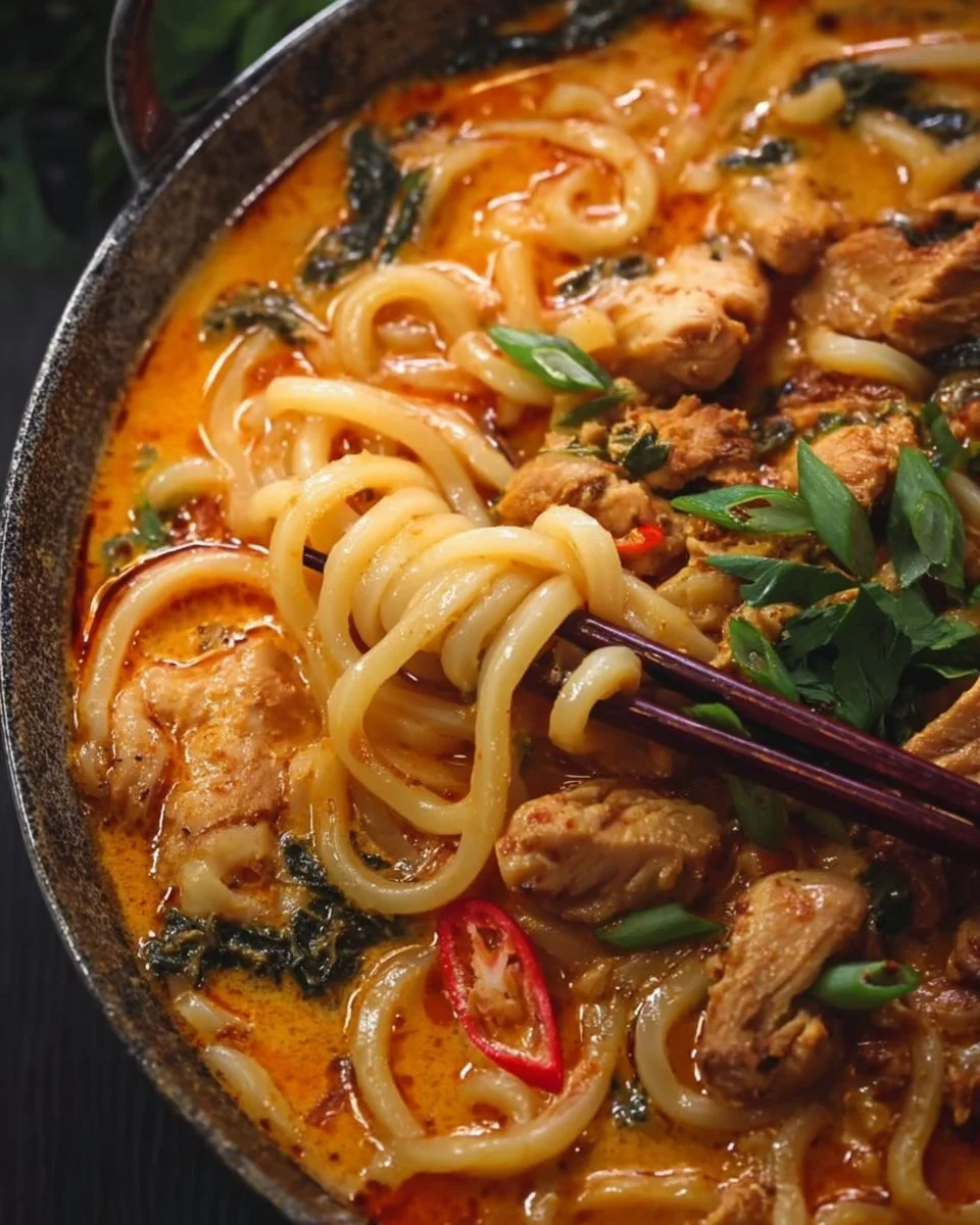 Bowl of Thai-inspired coconut red curry chicken udon with fresh herbs and vegetables.