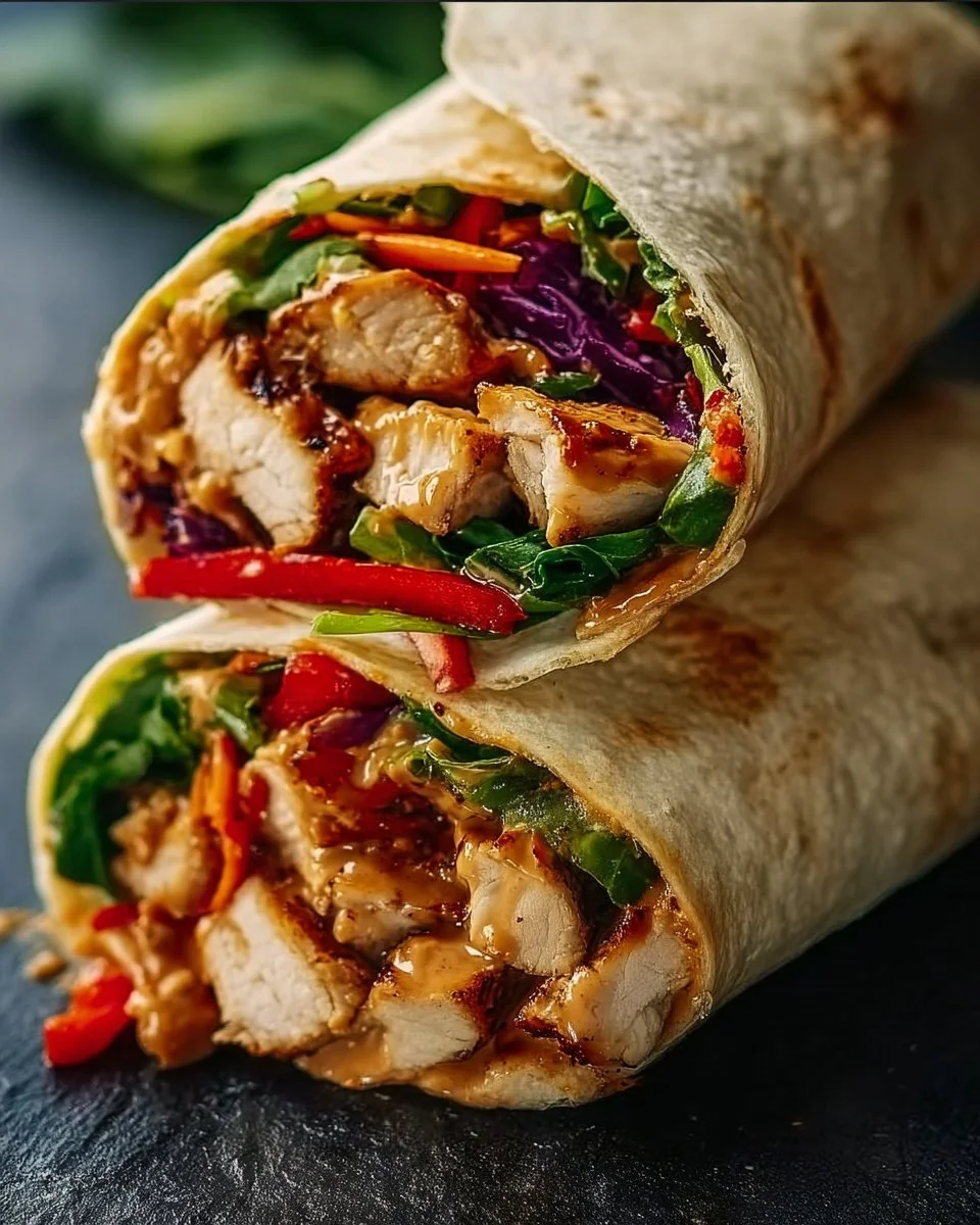 Thai Peanut Chicken Wraps with fresh vegetables and flavorful sauce