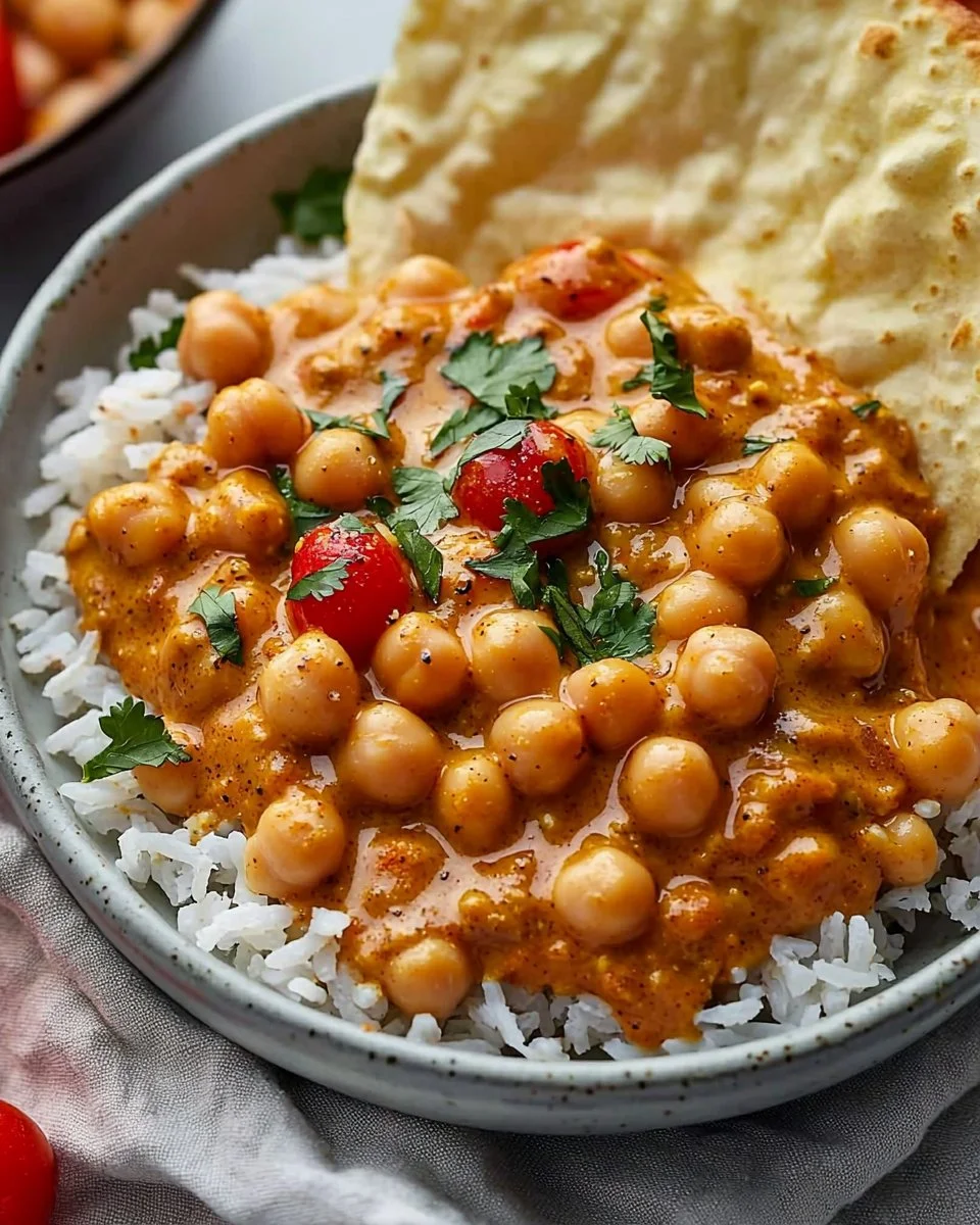 Delicious vegan butter chickpeas served with rice and greens
