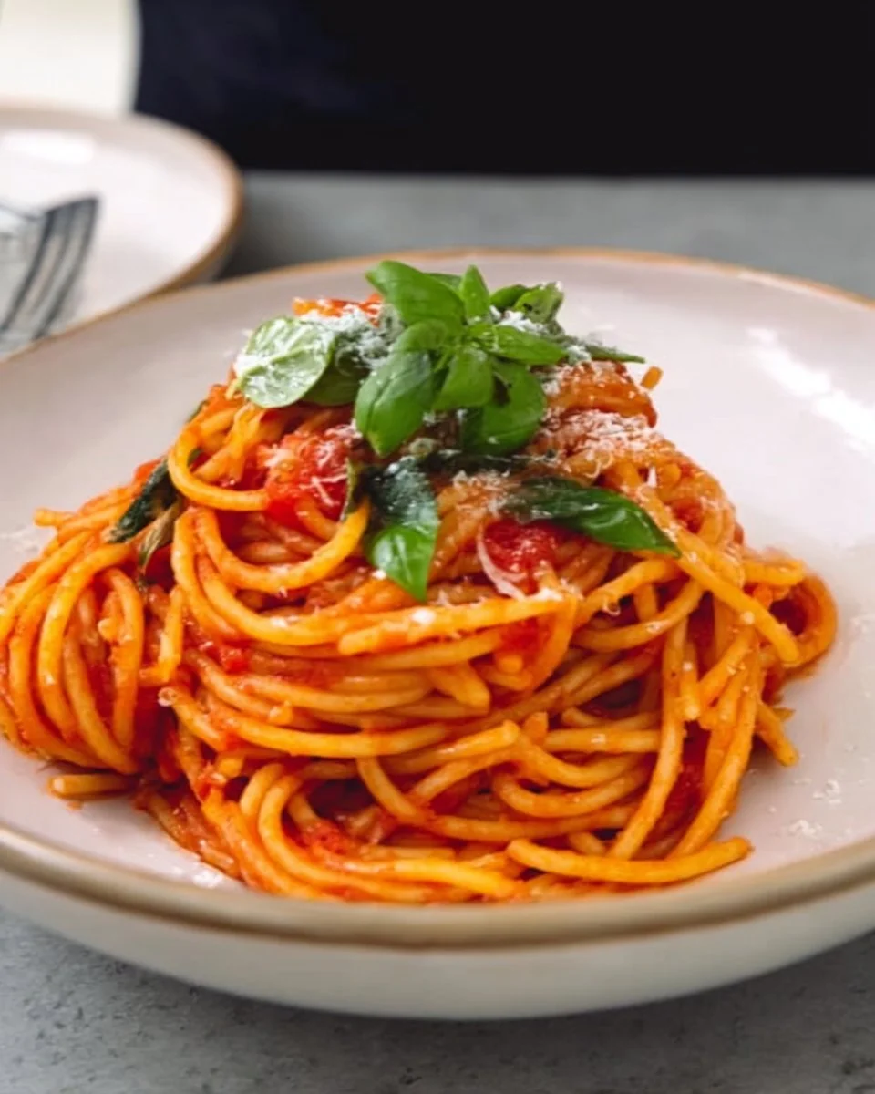A plate of fresh tomato pasta garnished with basil and parmesan cheese