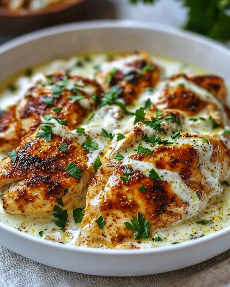 Turkish chicken with creamy white sauce garnished with herbs on a plate