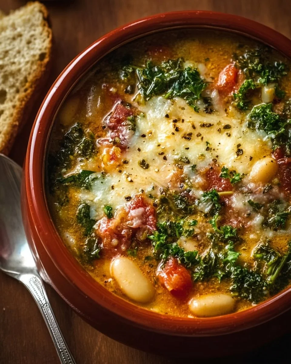 Bowl of delicious Tuscan Soup with vegetables and beans
