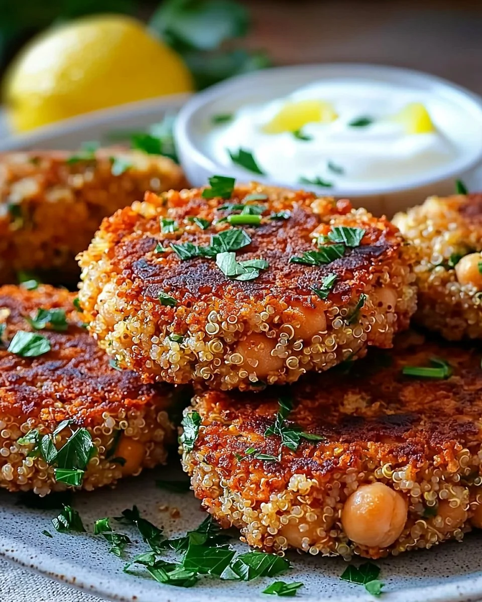Plate of lemon chickpea patties served with yogurt sauce garnished with herbs