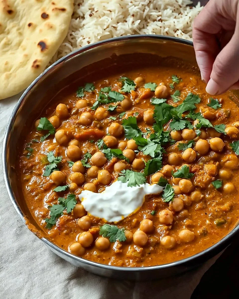 Vegan chickpea curry served in a bowl with fresh herbs and spices