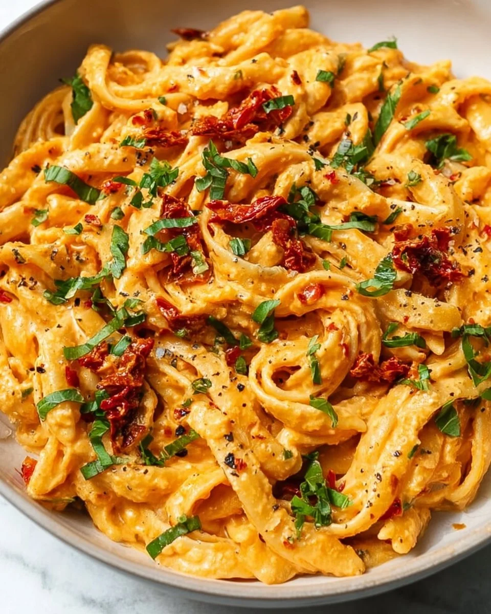 Vegan creamy sun dried tomato pasta served in a bowl with fresh herbs.