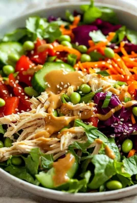 Bowl of fresh Asian Chicken Crunch Salad topped with crunchy vegetables and chicken.
