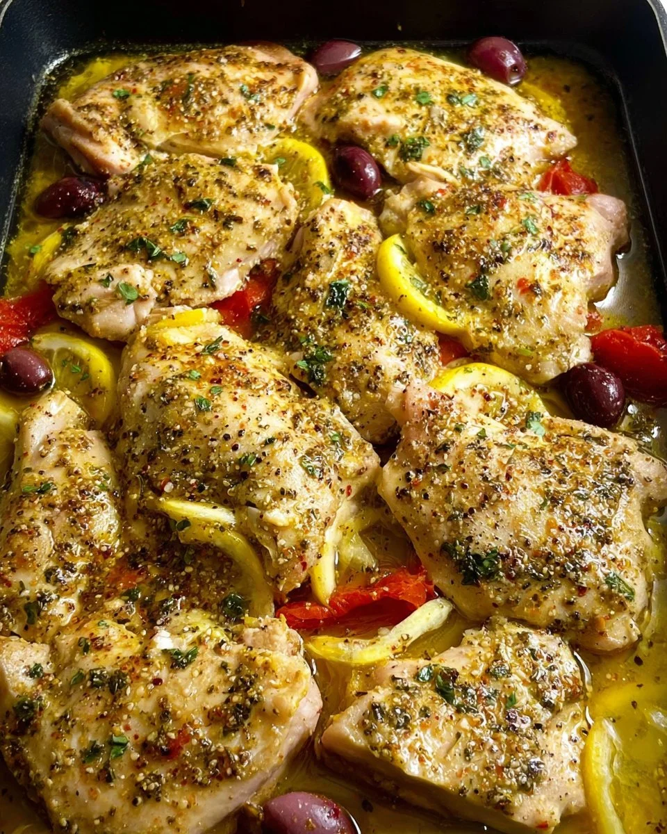 Baked Greek Lemon Chicken garnished with herbs and lemon slices, ready to serve