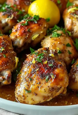 Baked lemon butter chicken garnished with herbs and lemon slices.