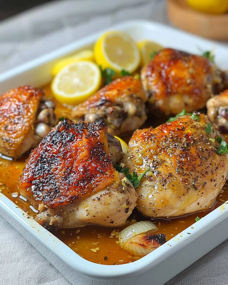 Baked Lemon Garlic Chicken garnished with fresh herbs on a white plate
