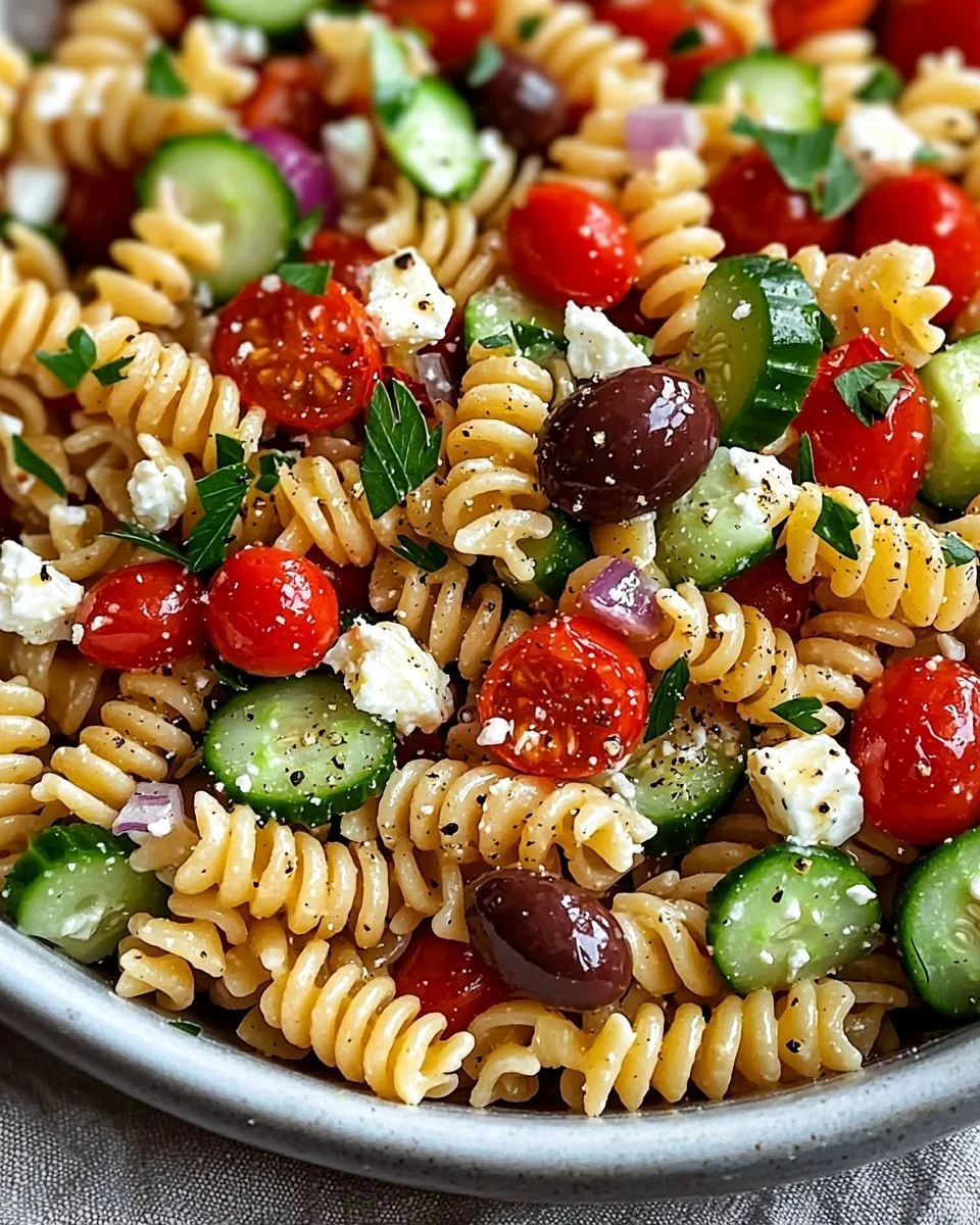 Delicious and colorful best pasta salad with fresh vegetables and dressing.