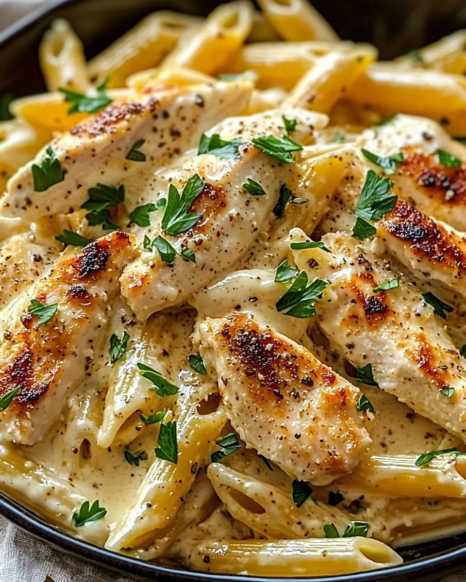 Creamy Boursin chicken pasta served in a bowl with herbs and parmesan.