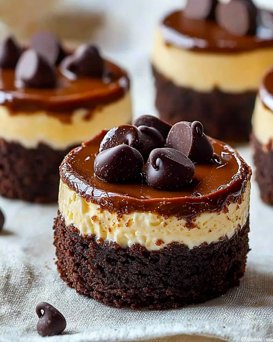 Brownie bottom mini cheesecakes topped with chocolate ganache