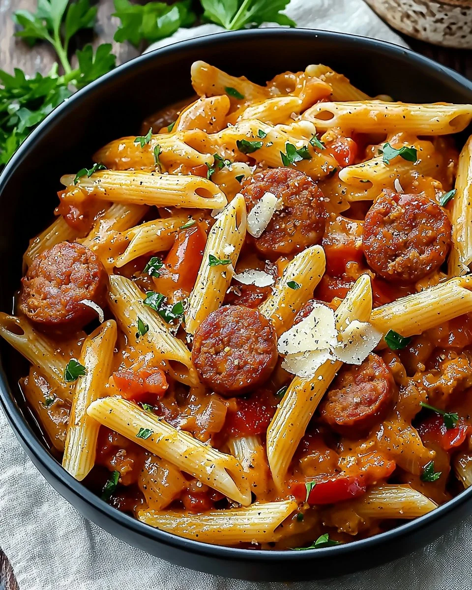 Delicious Cajun Sausage Pasta with spices and vegetables