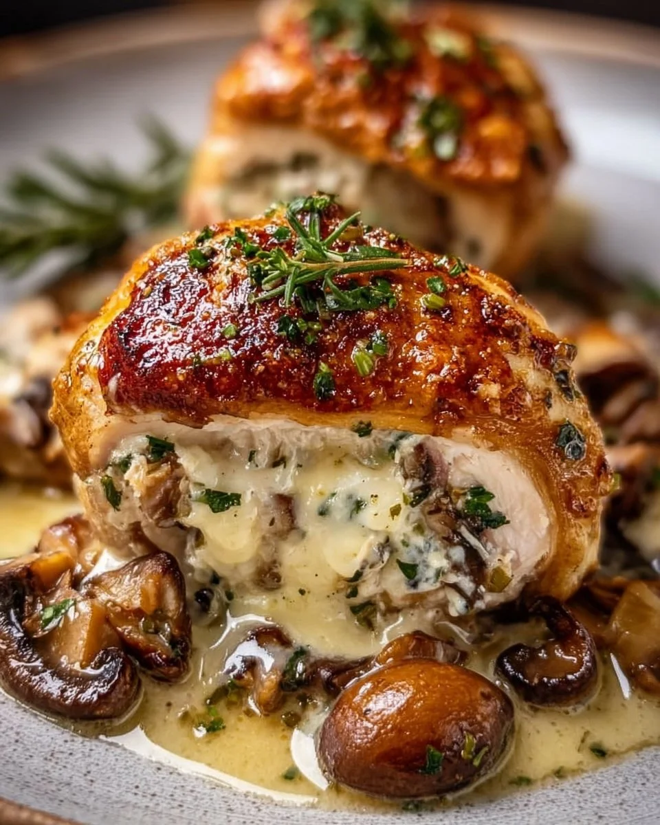 Mouthwatering Cheesy Garlic Butter Mushroom Stuffed Chicken garnished for serving