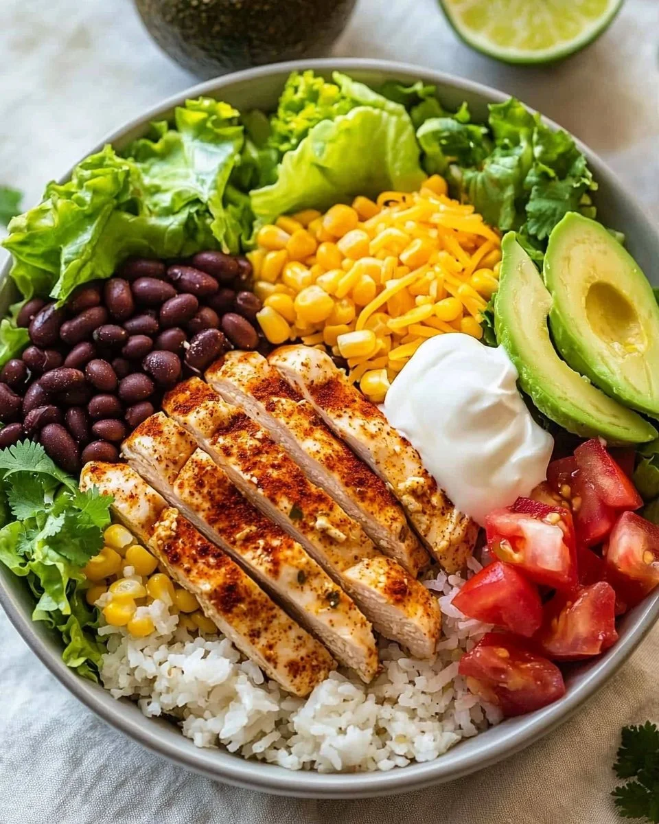 Delicious Chicken Burrito Bowls featuring seasoned chicken, rice, and fresh veggies