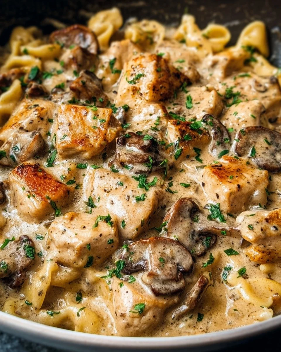 Delicious Chicken Stroganoff served with pasta and garnished with parsley