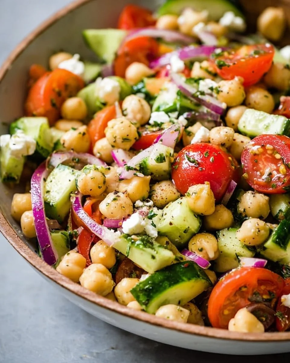 Colorful and healthy Chickpea Salad with vegetables and herbs