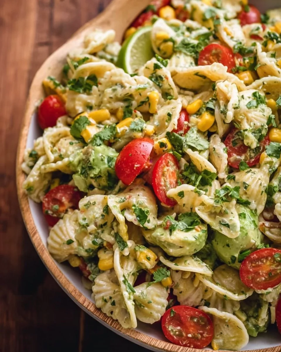 Bowl of cilantro lime pasta salad with vibrant vegetables and fresh herbs