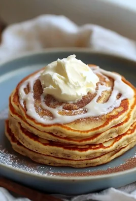 Plate of fluffy cinnamon roll pancakes topped with icing and cinnamon