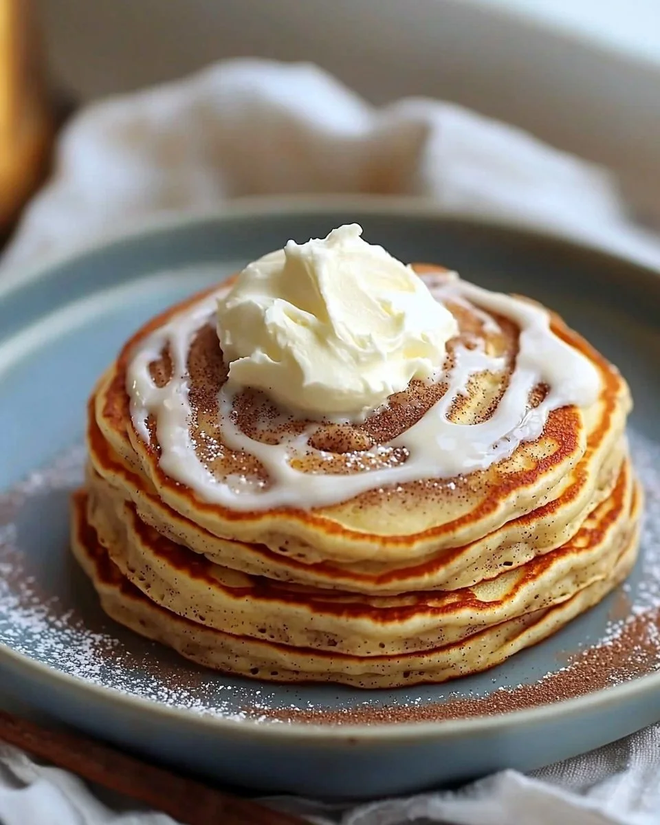 Plate of fluffy cinnamon roll pancakes topped with icing and cinnamon