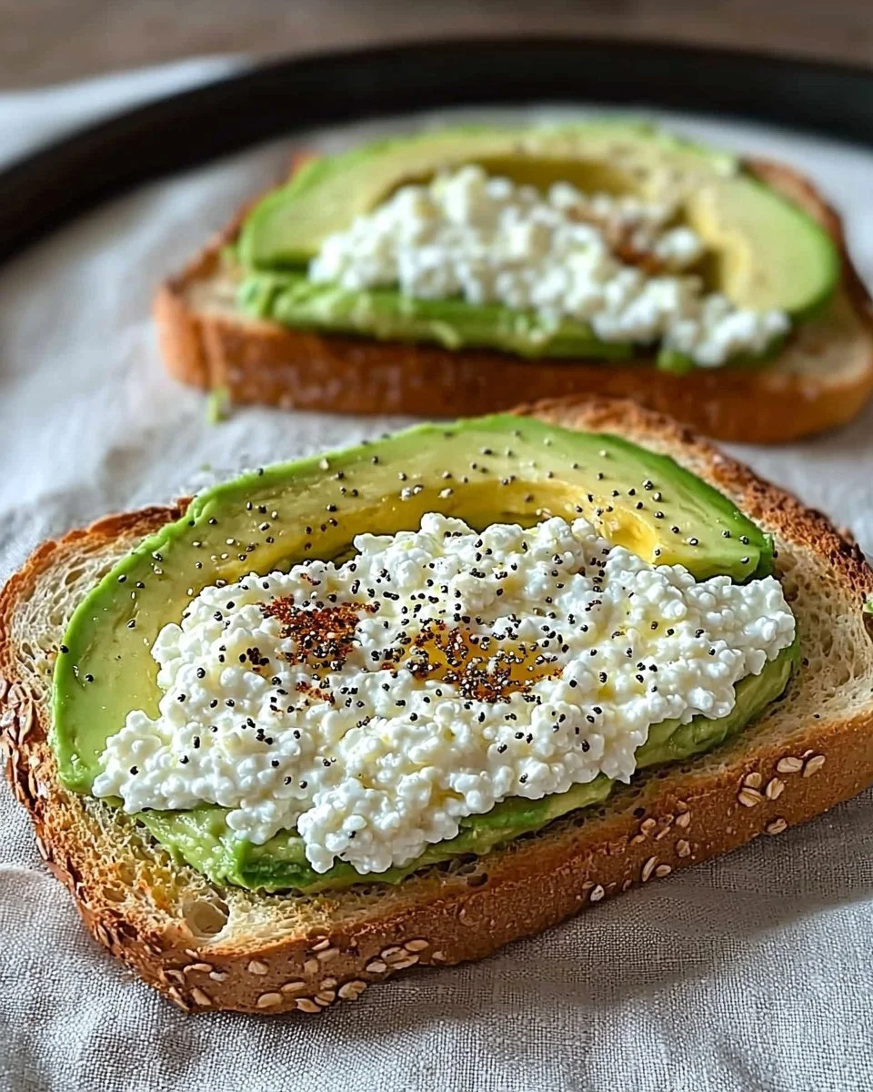 Close-up of cottage cheese avocado toast topped with herbs and spices