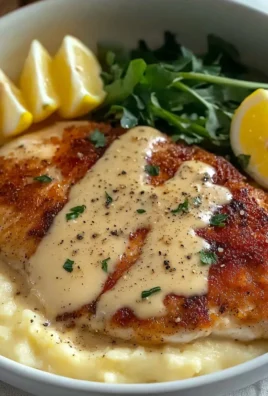 Creamy chicken schnitzel served with herbs and sauce on a plate