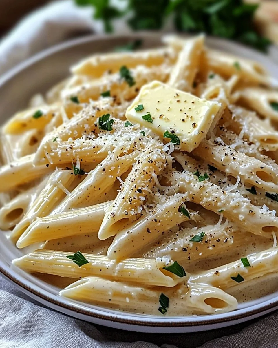 Creamy garlic penne pasta dish served in a bowl with herbs garnish