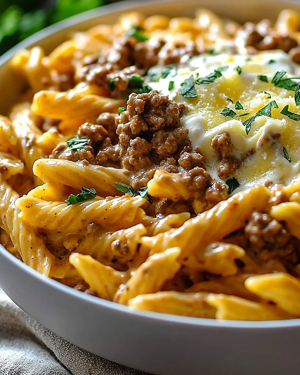 Creamy high protein beef pasta served in a bowl