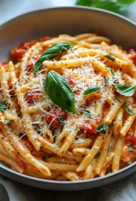 Creamy tomato garlic pasta dish garnished with fresh herbs.