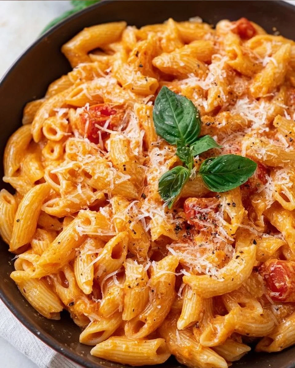 Delicious creamy tomato pasta garnished with fresh basil and parmesan cheese