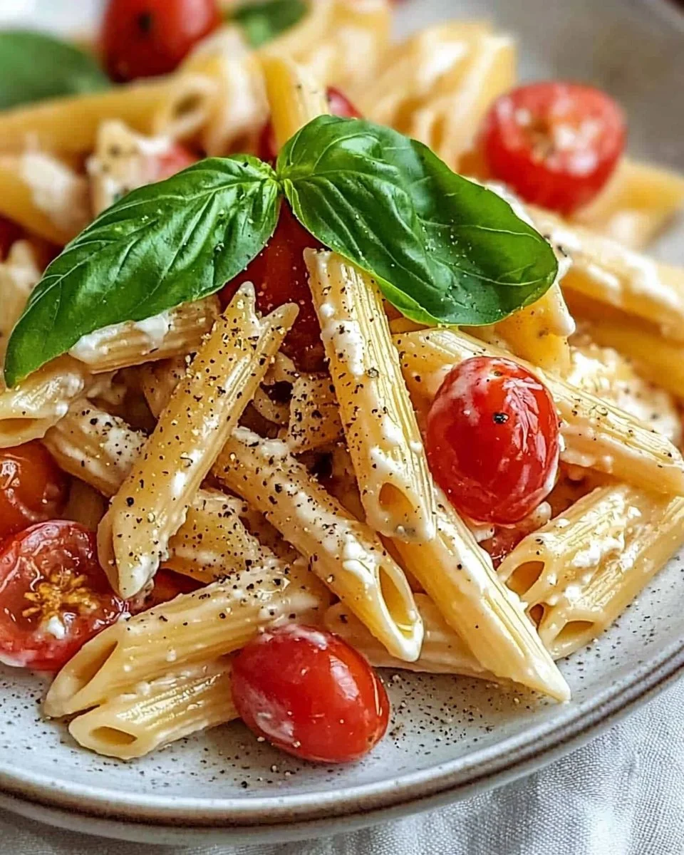 Bowl of creamy tomato ricotta pasta garnished with basil and parmesan cheese