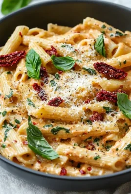 Creamy vegan sun-dried tomato pasta garnished with fresh herbs and cherry tomatoes