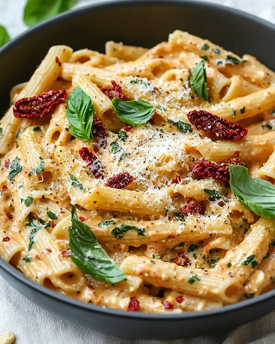 Creamy vegan sun-dried tomato pasta garnished with fresh herbs and cherry tomatoes