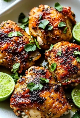 Crispy cilantro lime chicken thighs garnished with fresh cilantro and lime