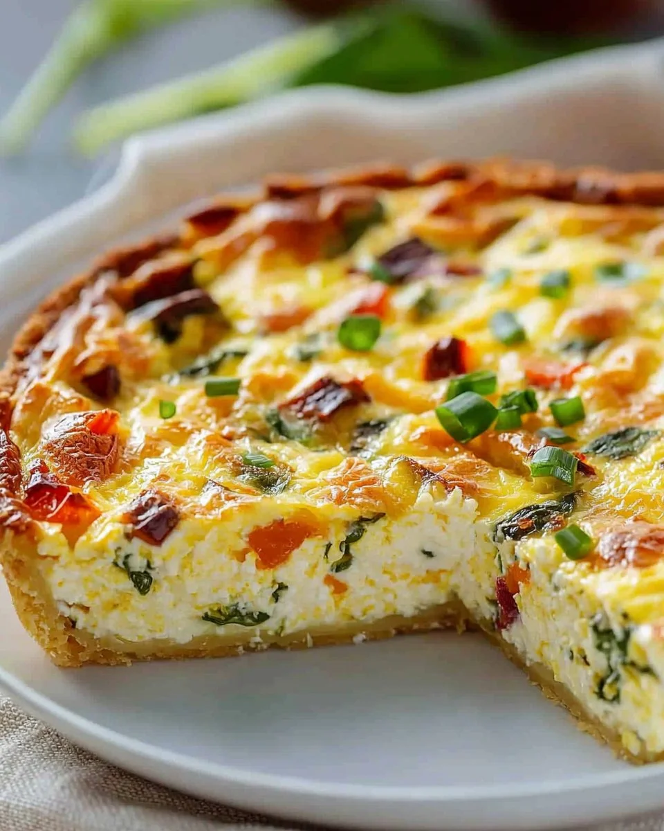 Crustless ricotta quiche served on a plate, showcasing fluffy texture and vibrant colors.