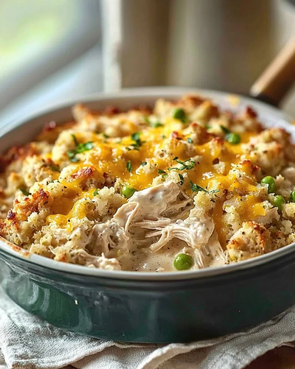 Dolly's Chicken and Stuffing Casserole baked and ready to serve