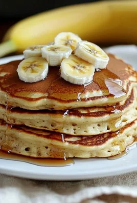 Stack of fluffy banana pancakes topped with syrup and sliced bananas