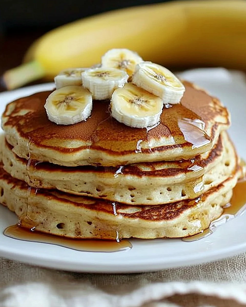 Stack of fluffy banana pancakes topped with syrup and sliced bananas