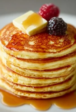 Delicious fluffy pancakes served with syrup and berries