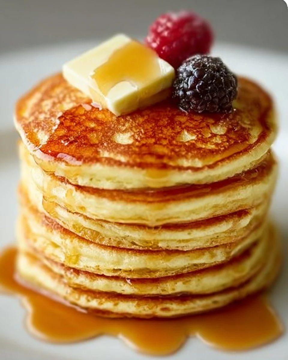 Delicious fluffy pancakes served with syrup and berries