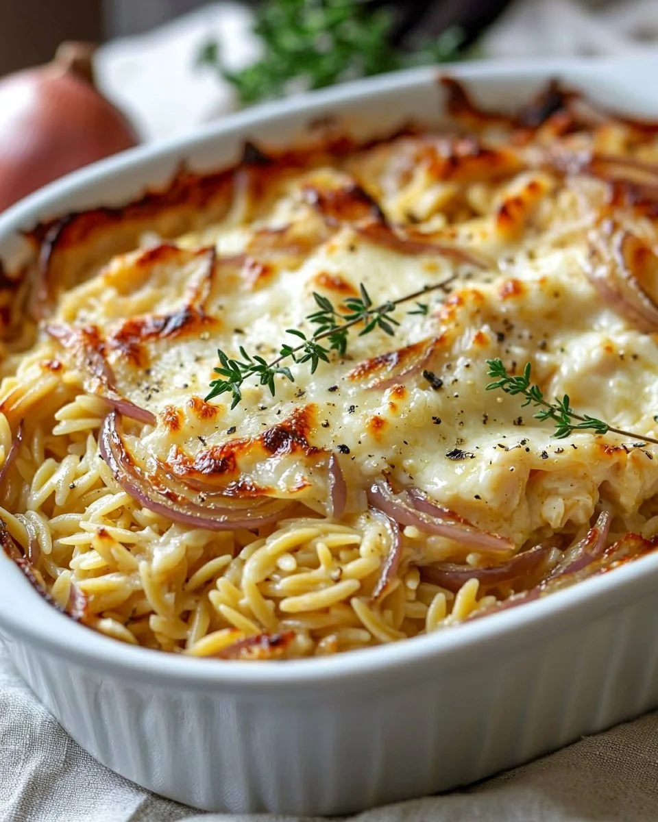 Delicious French onion chicken orzo casserole baked to perfection
