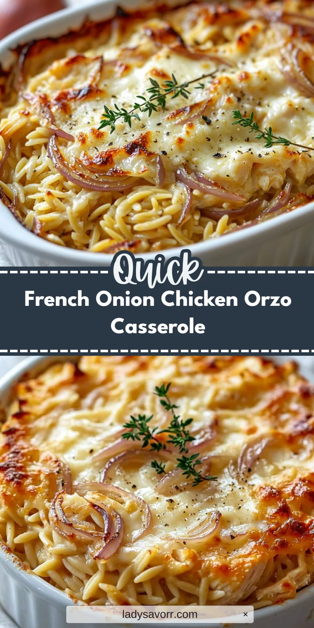 French Onion Chicken Orzo Casserole