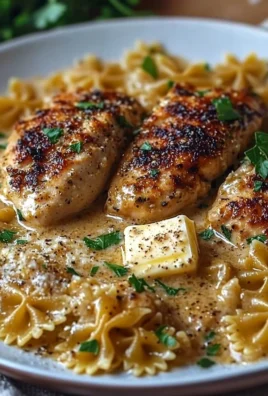 Plate of Garlic Butter Chicken served with Bowtie Pasta