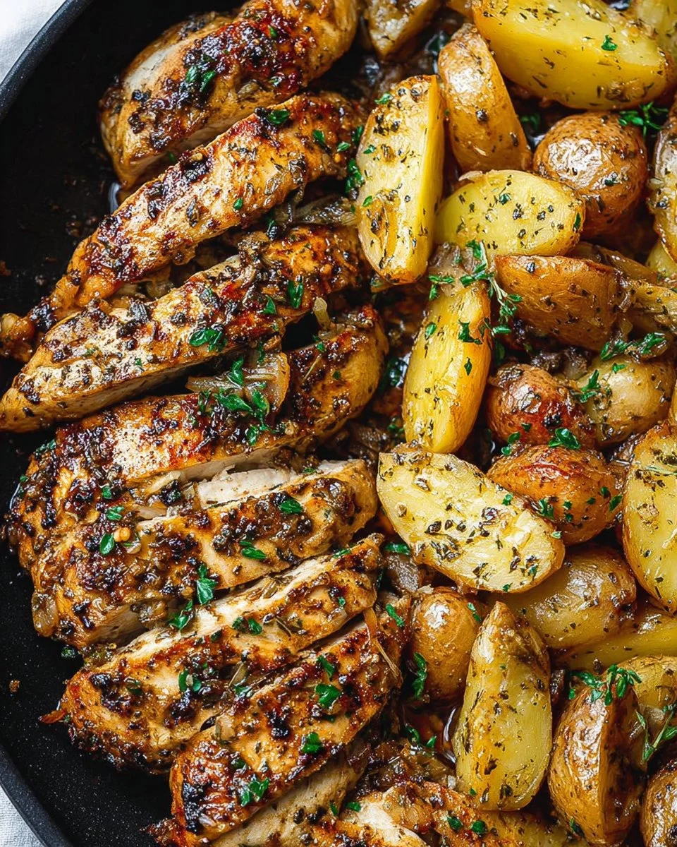 Delicious Garlic Butter Chicken served with crispy potatoes in a savory sauce.
