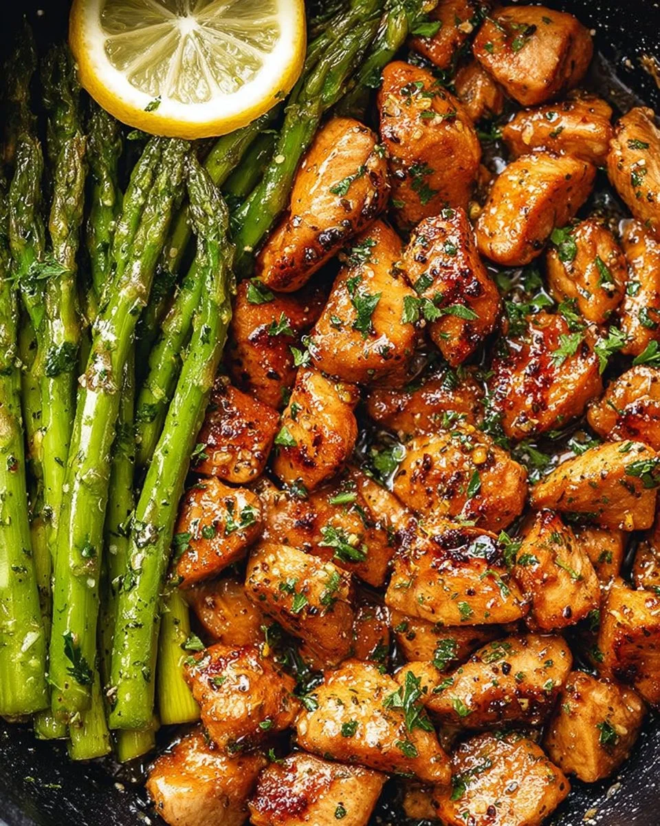 Garlic Butter Chicken Bites served with Lemon Asparagus on a plate