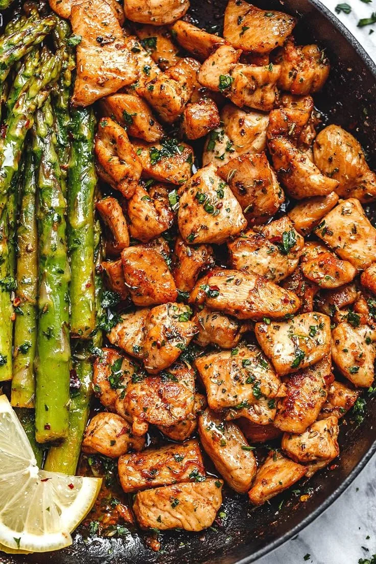 Garlic Butter Chicken Bites and Lemon Asparagus