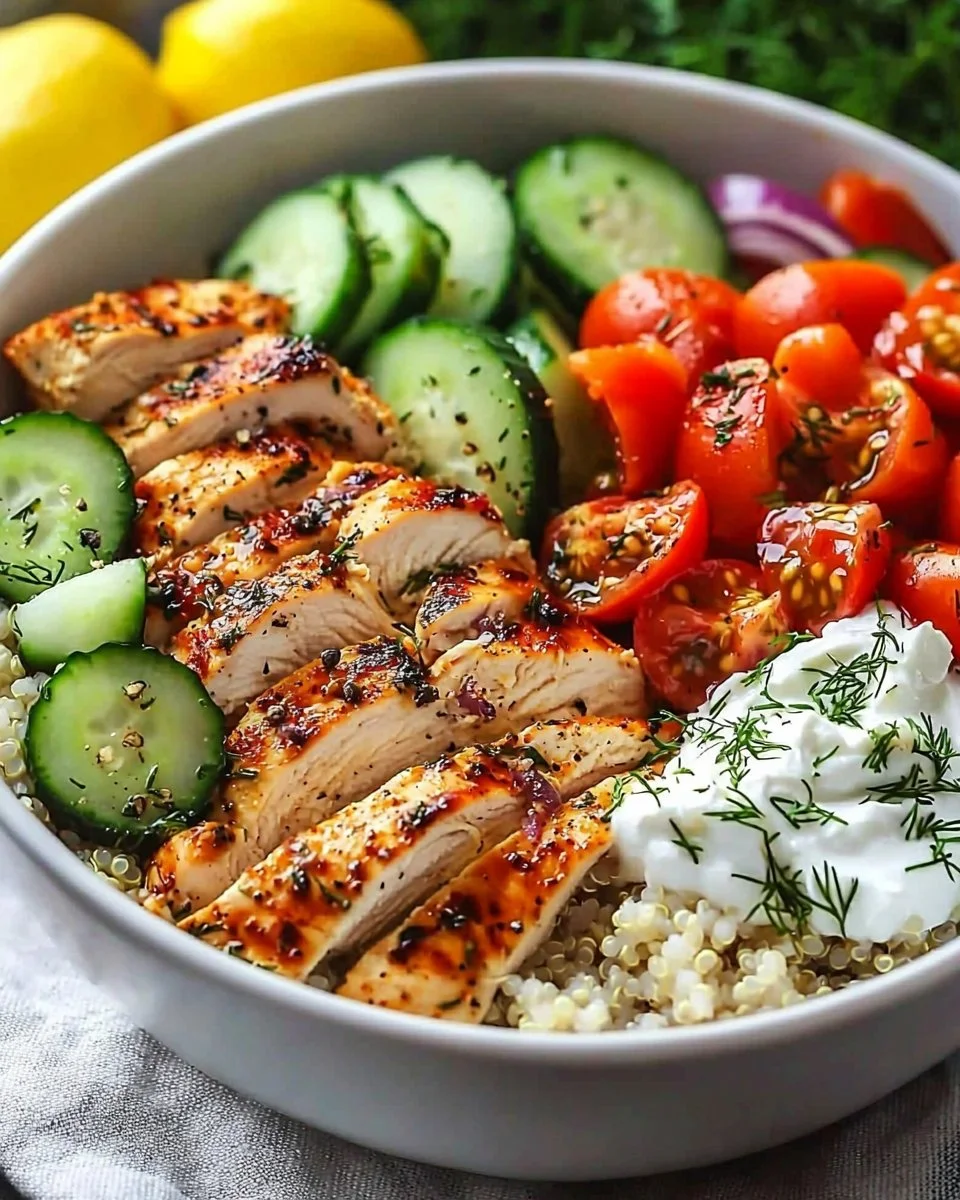 Delicious Greek Chicken Bowl with fresh vegetables and herbs