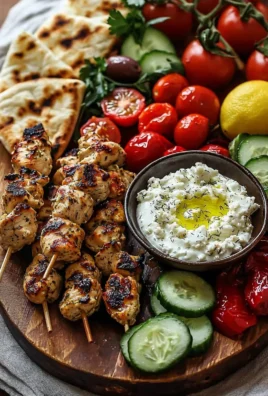 Greek chicken souvlaki grazing board with feta dip for a Mediterranean feast