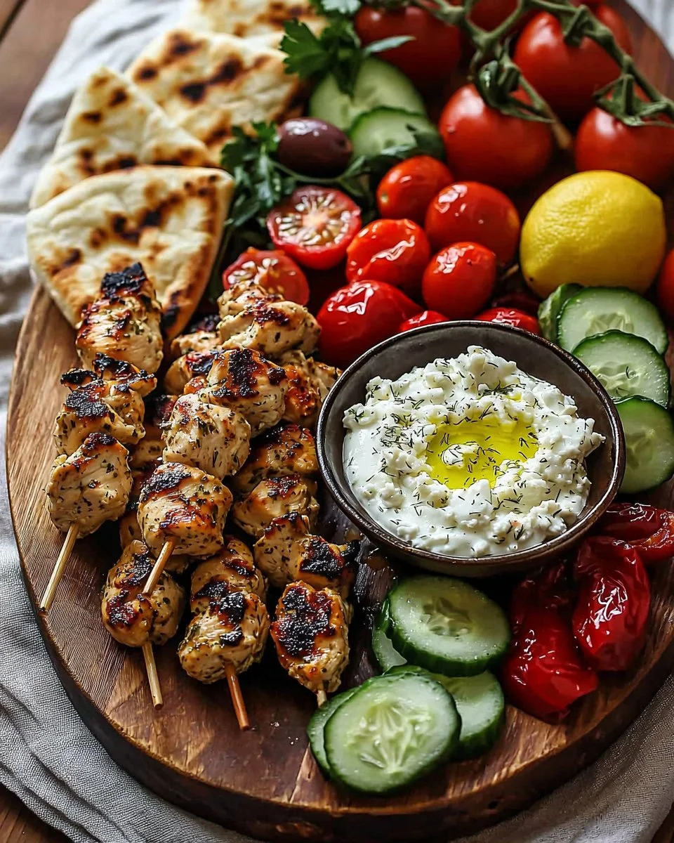 Greek chicken souvlaki grazing board with feta dip for a Mediterranean feast